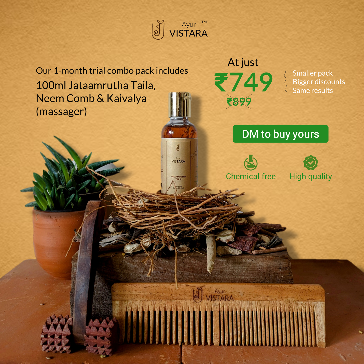Trial Pack Combo  Jatamrutha Taila  + Wooden Hair Liner + Kaivalya Massager